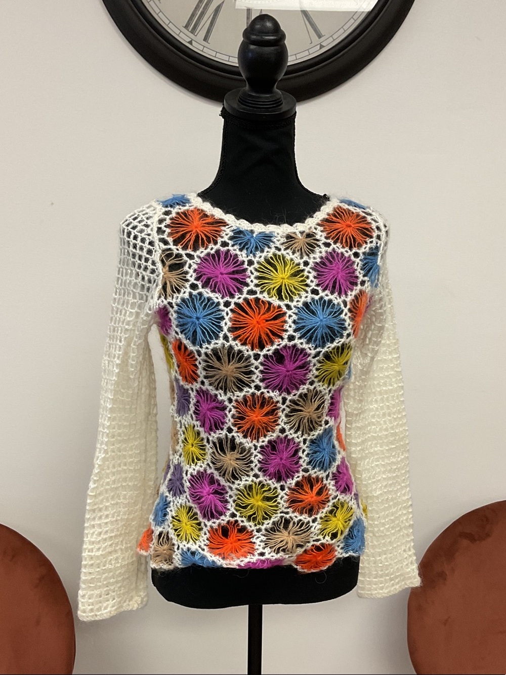 Handmade Multicolor Crochet Flower Knit Top - White Sleeves